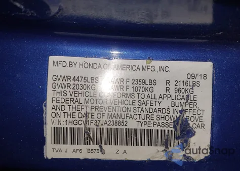 2018 Honda Accord Sport z USA, uszkodzony, nr VIN 1HGCV1F37JA238852